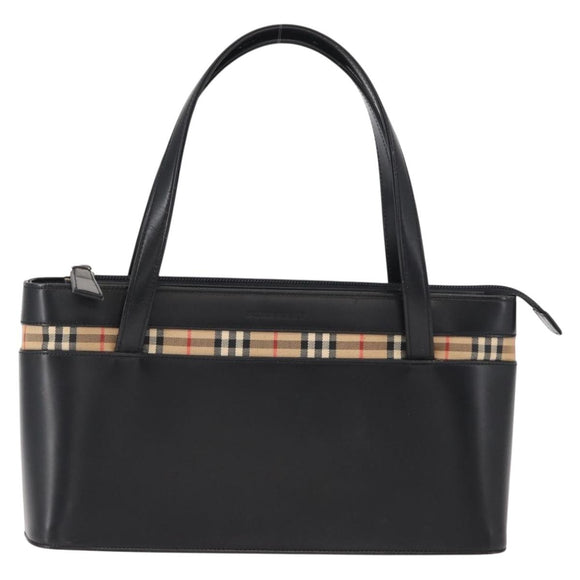 BURBERRY Nova Check Hand Bag Leather Black Silver Auth SW1869