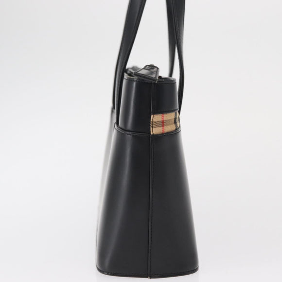 BURBERRY Nova Check Hand Bag Leather Black Silver Auth SW1869