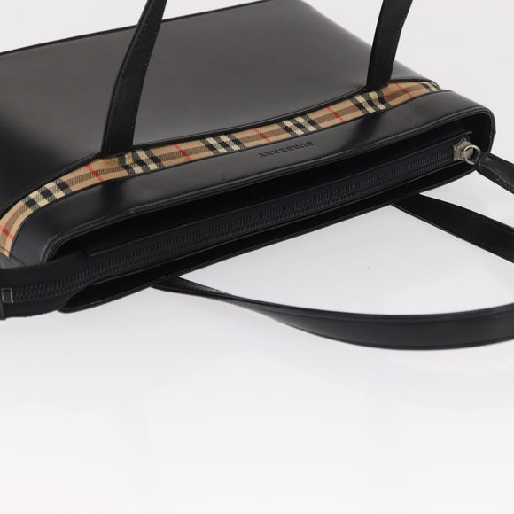 BURBERRY Nova Check Hand Bag Leather Black Silver Auth SW1869