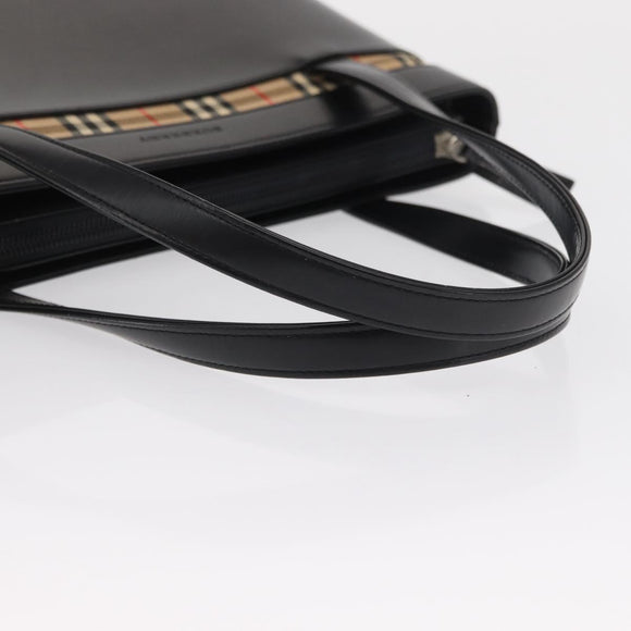 BURBERRY Nova Check Hand Bag Leather Black Silver Auth SW1869