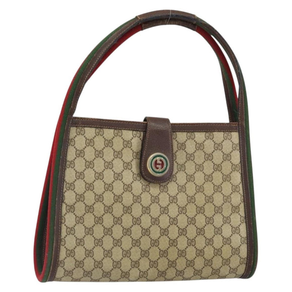GUCCI GG Supreme Web Sherry Line Hand Bag PVC Beige Gold Auth SW1903