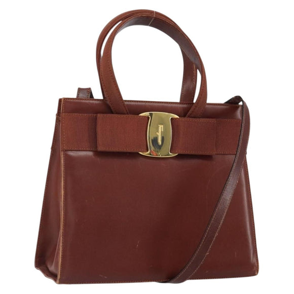 Salvatore Ferragamo Gancini Hand Bag Leather 2way Brown Gold Auth SW1925