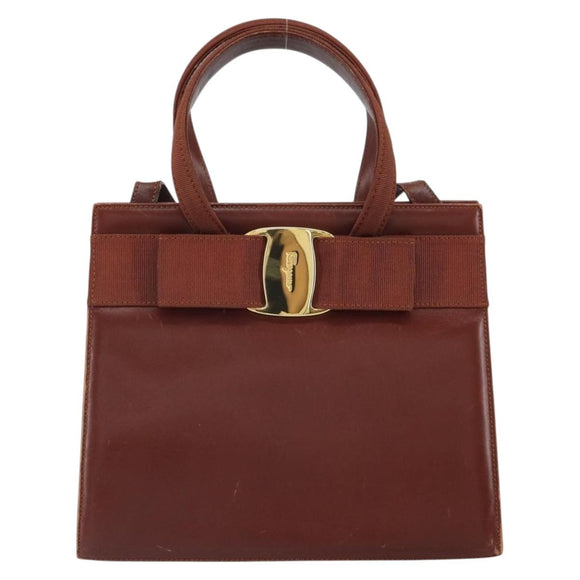 Salvatore Ferragamo Gancini Hand Bag Leather 2way Brown Gold Auth SW1925