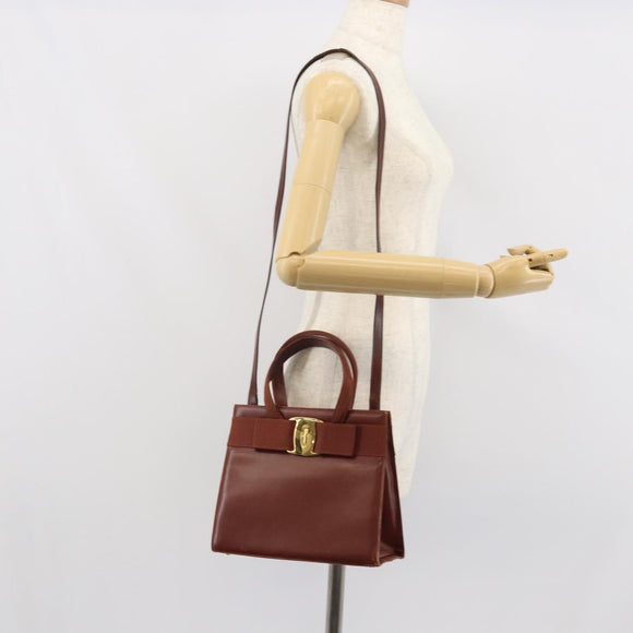 Salvatore Ferragamo Gancini Hand Bag Leather 2way Brown Gold Auth SW1925