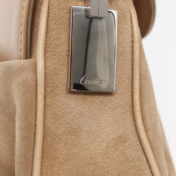 CARTIER Shoulder Bag Suede Beige Silver Auth SW1932