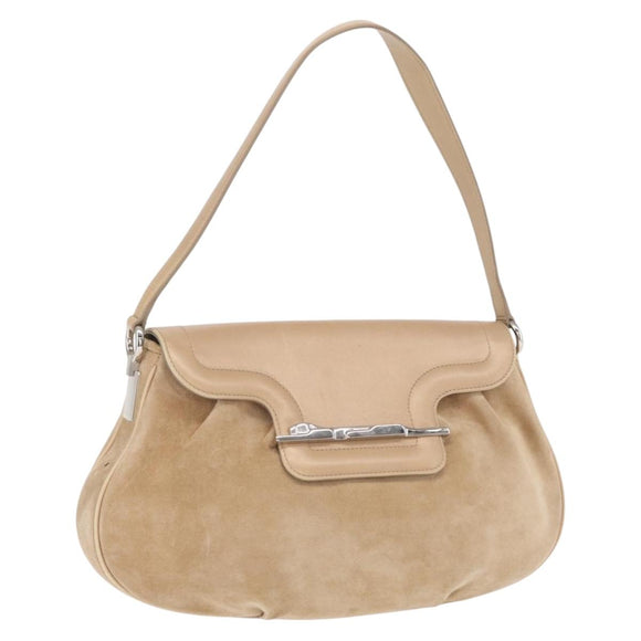 CARTIER Shoulder Bag Suede Beige Silver Auth SW1932