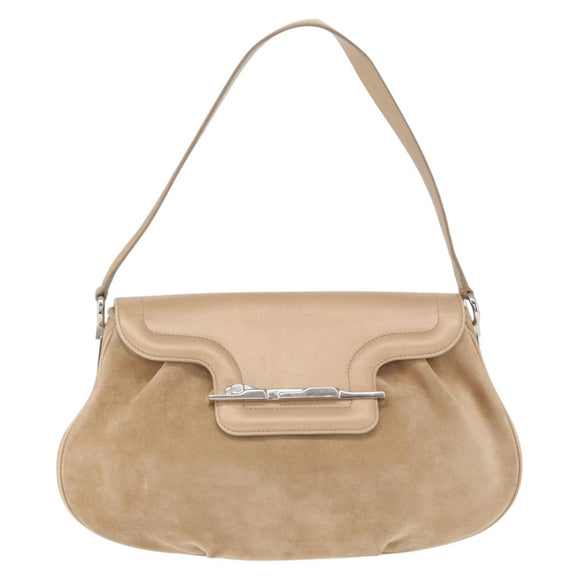 CARTIER Shoulder Bag Suede Beige Silver Auth SW1932