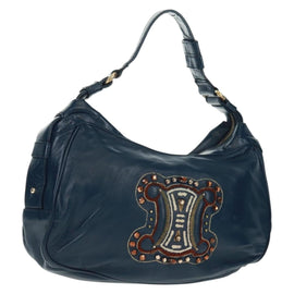 CELINE Hand Bag Leather Navy Gold Auth SW1962V