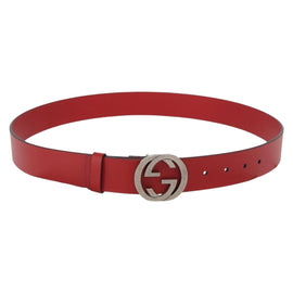 GUCCI Interlocking G Belt Leather 42.9"" Red Silver 546389 Auth SW1972V