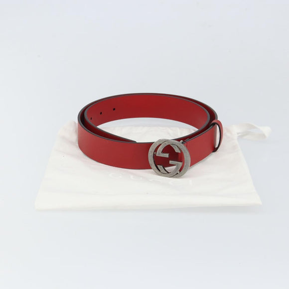 GUCCI Interlocking G Belt Leather 42.9"" Red Silver 546389 Auth SW1973V