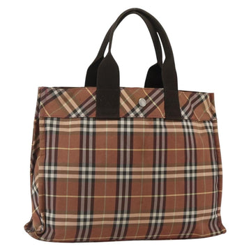 BURBERRY Nova Check Blue Label Tote Bag Nylon Brown Silver Auth SW2027