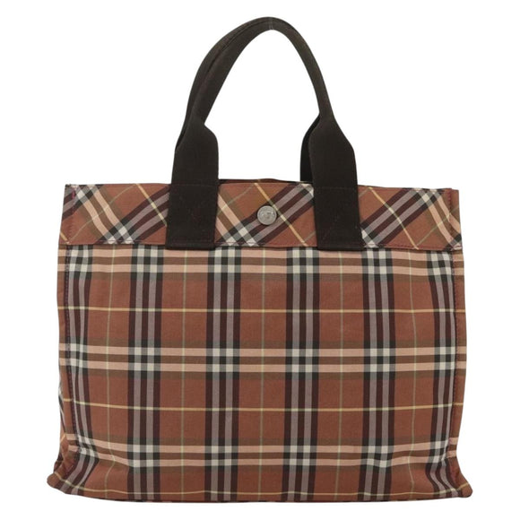 BURBERRY Nova Check Blue Label Tote Bag Nylon Brown Silver Auth SW2027
