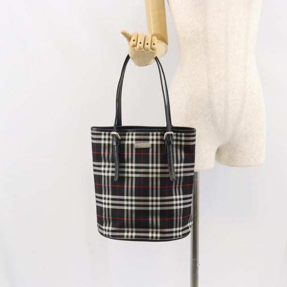 Burberrys Nova Check Blue Label Tote Bag Nylon Black Silver Auth SW2032