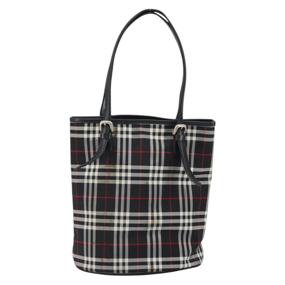 Burberrys Nova Check Blue Label Tote Bag Nylon Black Silver Auth SW2032