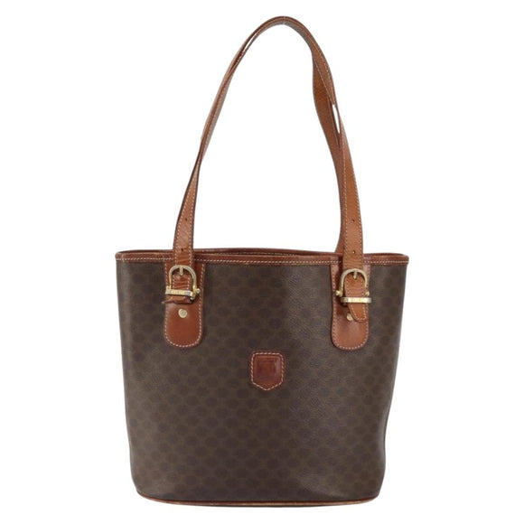 CELINE Macadam Canvas Tote Bag PVC Leather Brown Gold Auth SW2035