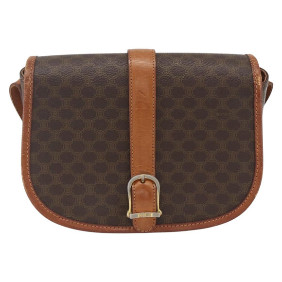 CELINE Macadam Canvas Shoulder Bag PVC Leather Brown Gold Auth SW2043