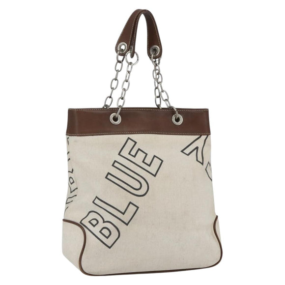 BURBERRY Blue Label Chain Tote Bag Canvas Beige Silver Auth SW2047
