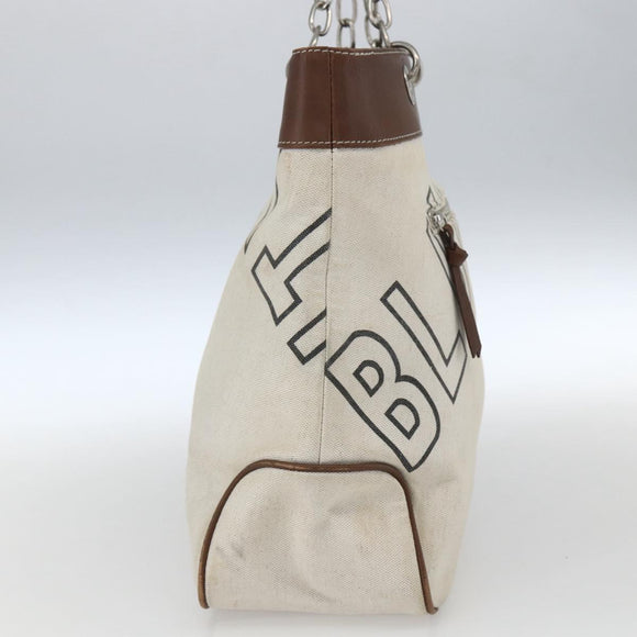 BURBERRY Blue Label Chain Tote Bag Canvas Beige Silver Auth SW2047