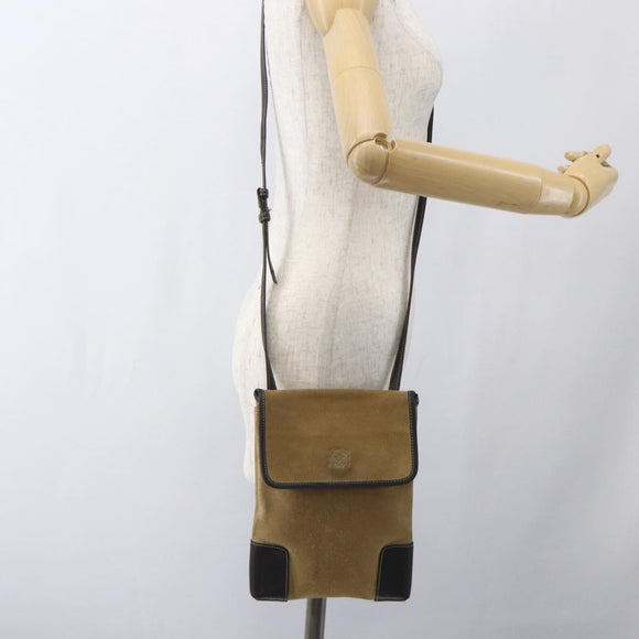 LOEWE Anagram Shoulder Bag Suede Beige Gold Auth SW2050