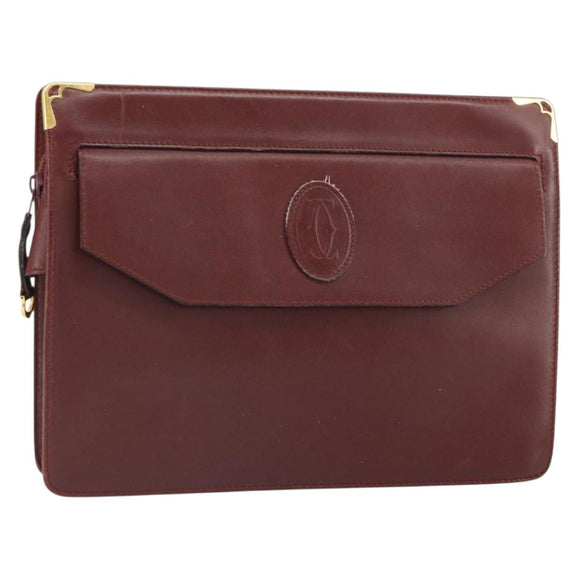 CARTIER Clutch Bag Leather Bordeaux Gold Auth SW2053