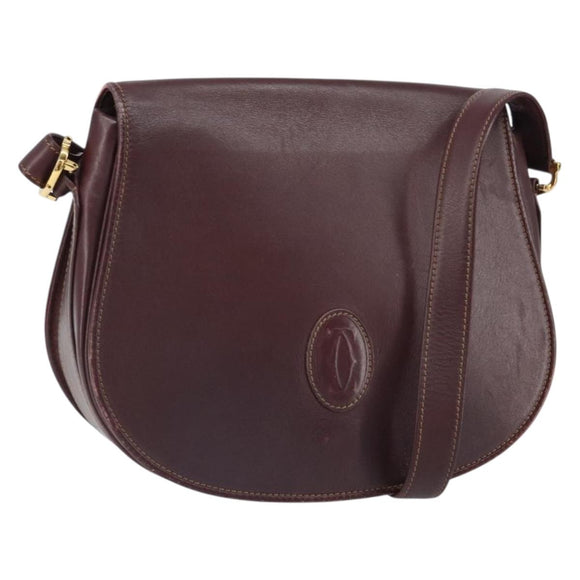 CARTIER Shoulder Bag Leather Bordeaux Gold Auth SW2055