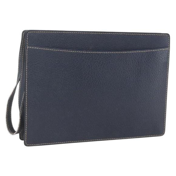 CELINE Clutch Bag Leather Navy Gold Auth SW2056
