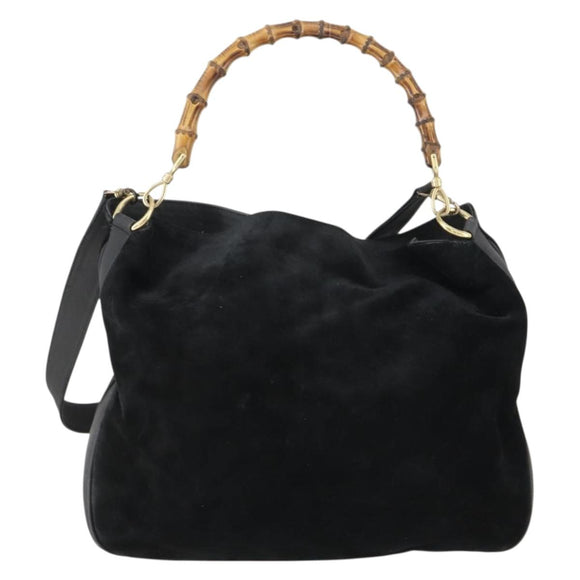 GUCCI Bamboo Hand Bag Suede 2way Gold Black 001 123 1577 Auth SW2081