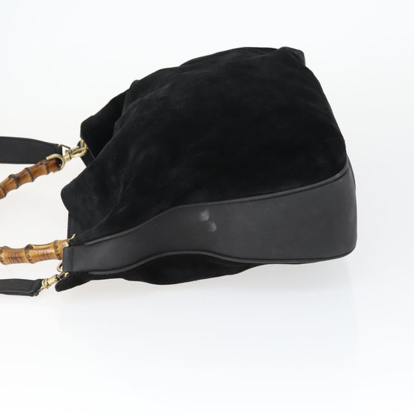GUCCI Bamboo Hand Bag Suede 2way Gold Black 001 123 1577 Auth SW2081