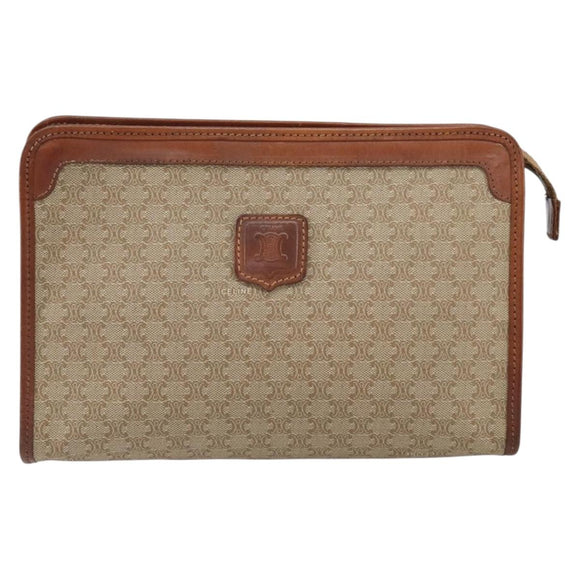 CELINE Macadam Canvas Clutch Bag PVC Beige Gold Auth SW2093