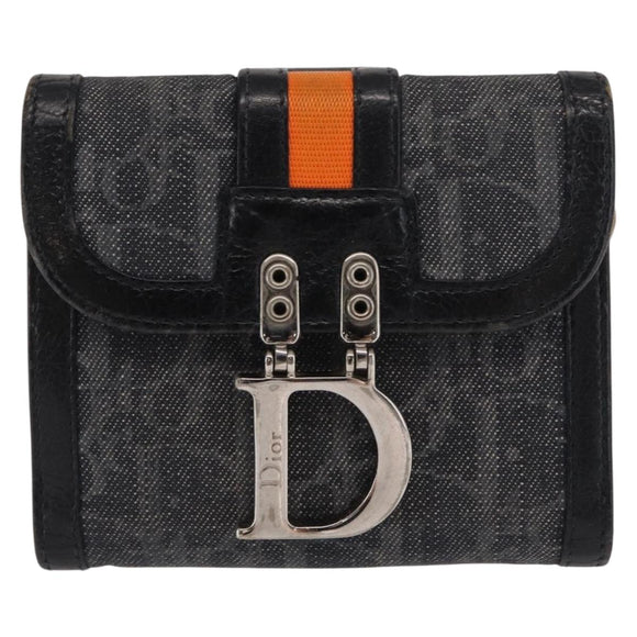 Christian Dior Trotter Canvas Trifold Wallet Black Silver Auth SW2098