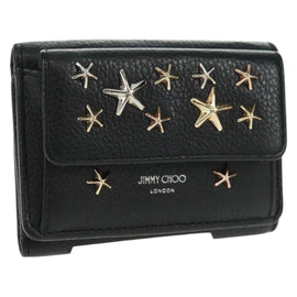 Jimmy Choo Trifold Wallet Leather Black Gold Silver Auth SW2099V