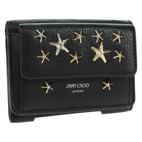 Jimmy Choo Trifold Wallet Leather Black Gold Silver Auth SW2099V
