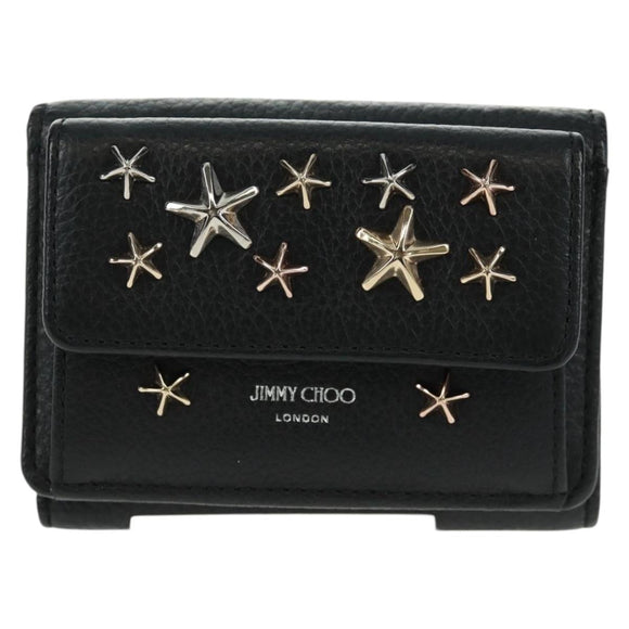 Jimmy Choo Trifold Wallet Leather Black Gold Silver Auth SW2099V