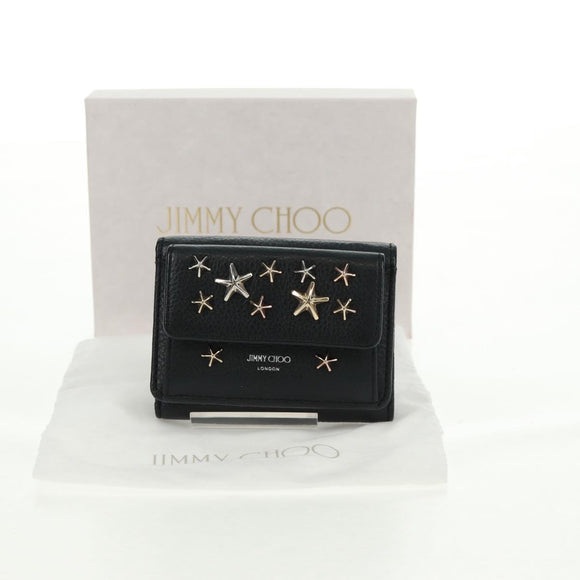 Jimmy Choo Trifold Wallet Leather Black Gold Silver Auth SW2099V