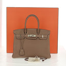 HERMES Birkin 30 Hand Bag Leather Silver Etope Auth SW2129SM-12