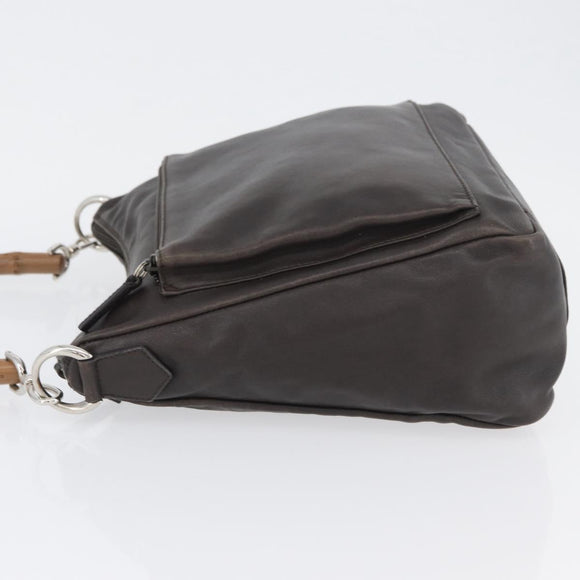 GUCCI Bamboo Hand Bag Leather Brown Silver Auth SW2156