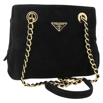 PRADA Chain Shoulder Bag Suede Gold Black Auth SW2181V