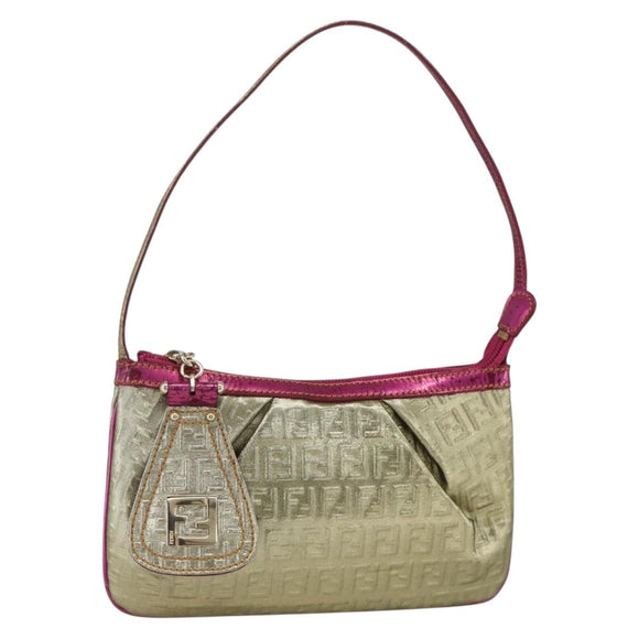 FENDI Zucchino Canvas Hand Bag Gold Auth SW2240A