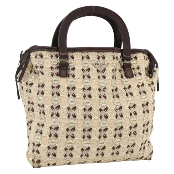PRADA Hand Bag Cotton Beige Silver BN0701 Auth SW2266A