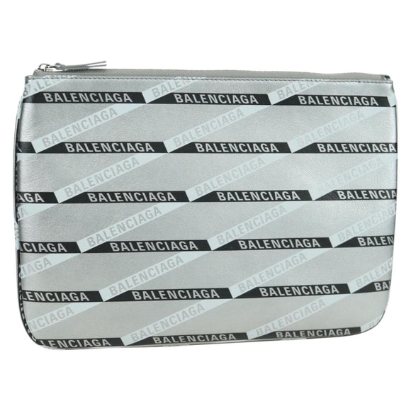 BALENCIAGA Clutch Bag Leather Silver Auth SW2267M