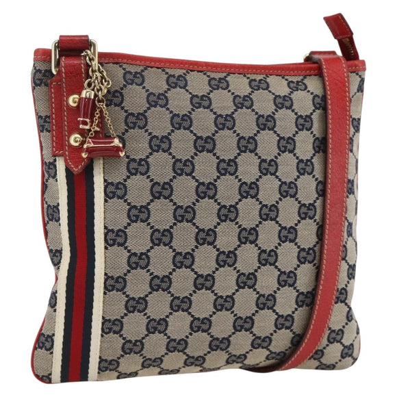 GUCCI GG Canvas Sherry Line Shoulder Bag Navy Gold Red 144388 Auth SW2281A