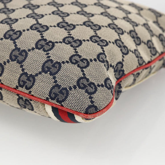 GUCCI GG Canvas Sherry Line Shoulder Bag Navy Gold Red 144388 Auth SW2281A