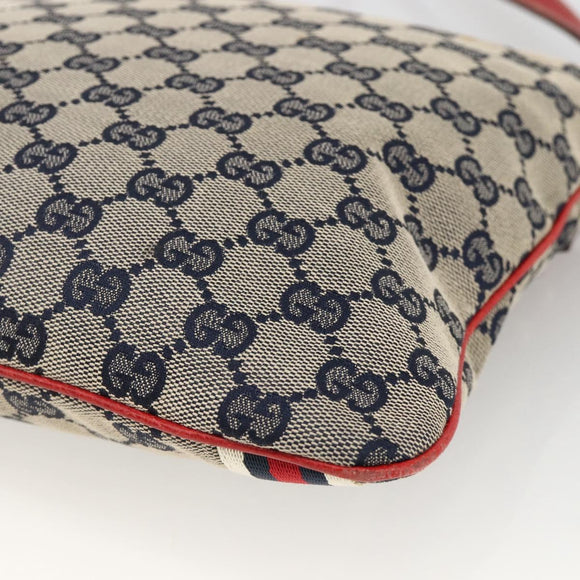 GUCCI GG Canvas Sherry Line Shoulder Bag Navy Gold Red 144388 Auth SW2281A