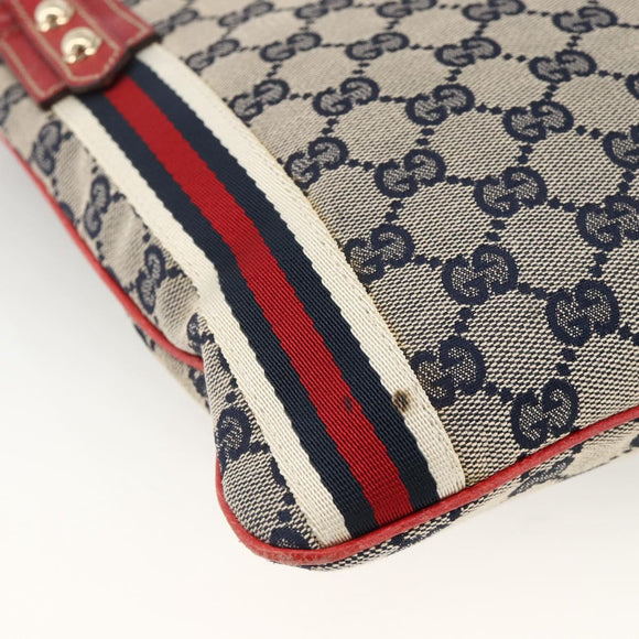 GUCCI GG Canvas Sherry Line Shoulder Bag Navy Gold Red 144388 Auth SW2281A