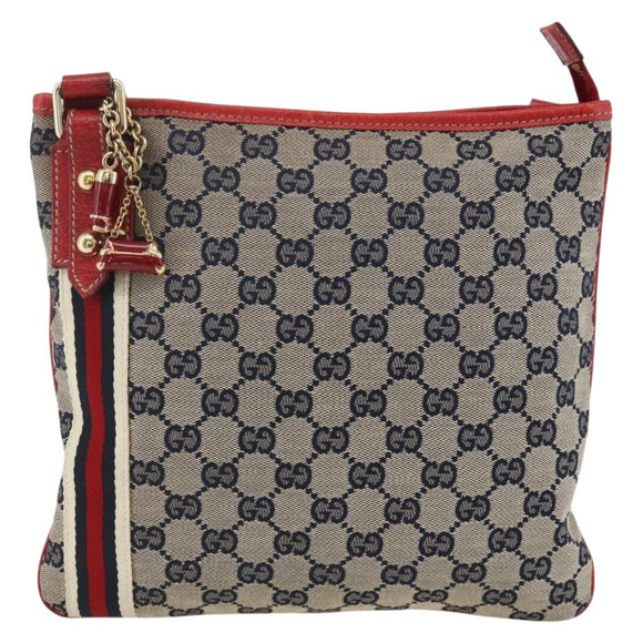 GUCCI GG Canvas Sherry Line Shoulder Bag Navy Gold Red 144388 Auth SW2281A