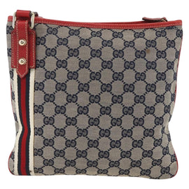 GUCCI GG Canvas Sherry Line Shoulder Bag Navy Gold Red 144388 Auth SW2281A - 0