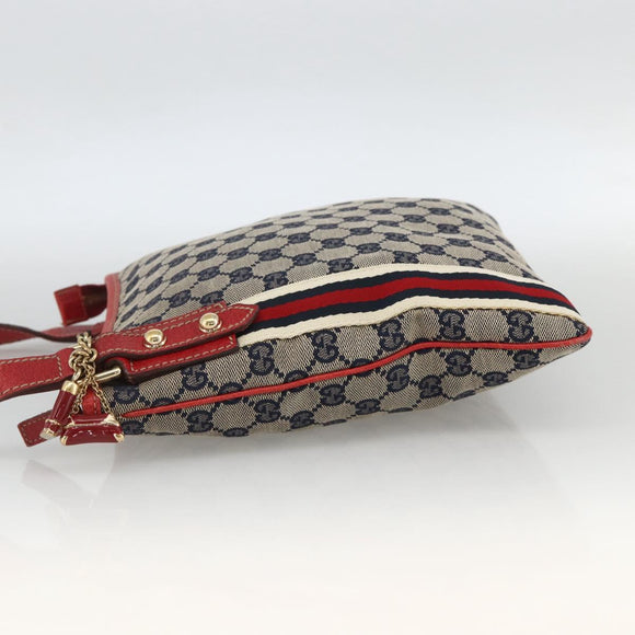 GUCCI GG Canvas Sherry Line Shoulder Bag Navy Gold Red 144388 Auth SW2281A