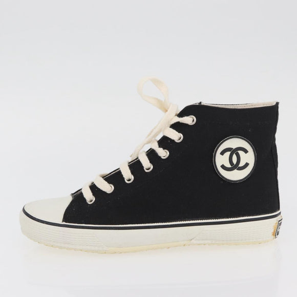 CHANEL High Cut Sneakers Canvas Black White A01852 CC Auth SW2298A