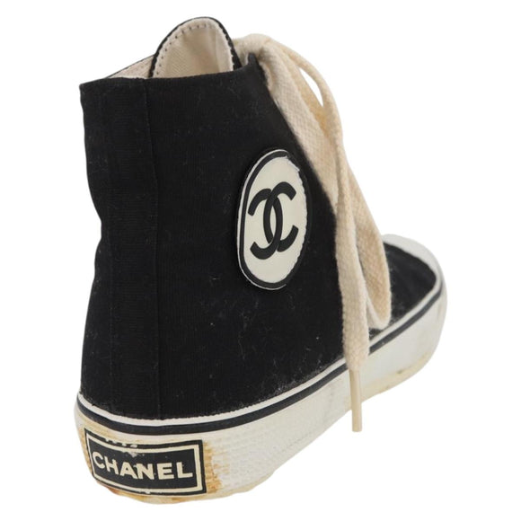 CHANEL High Cut Sneakers Canvas Black White A01852 CC Auth SW2298A
