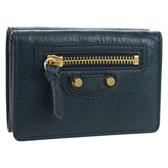 BALENCIAGA Classic Mini Trifold Wallet Lammleder Navy Gold 477455 Auth SW2303M